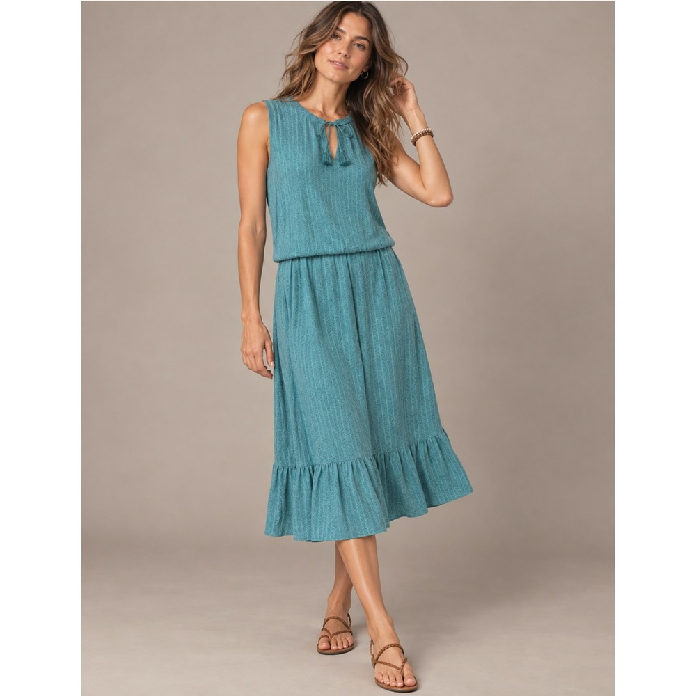 Prana Breathe Midi Dress Large Teal Blue Sleeveless Tassel Tie Gorpcore Coastal